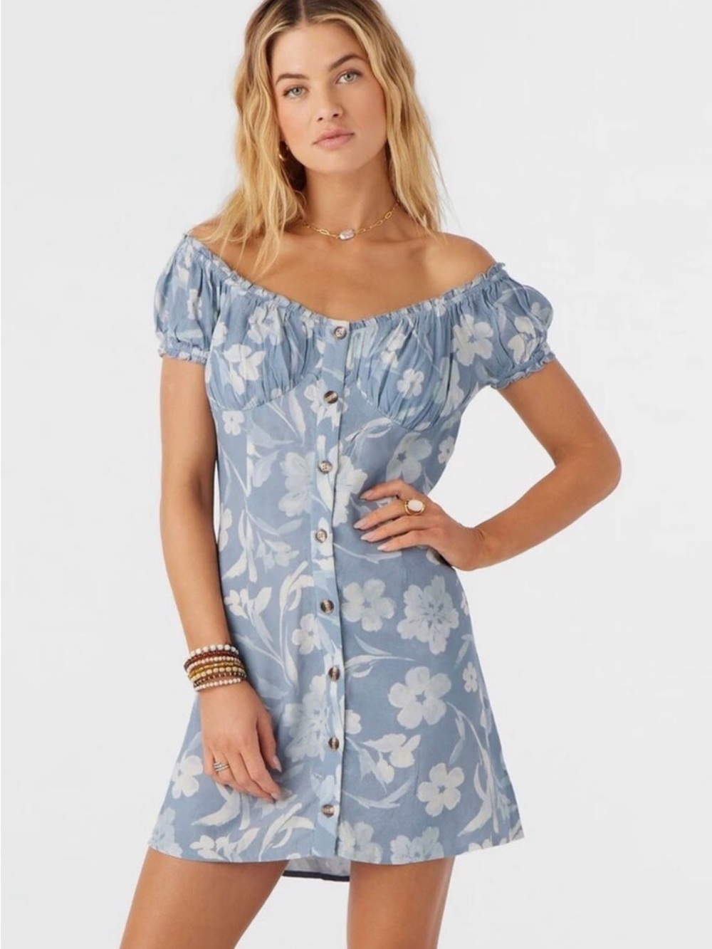 Y2K O'Neill Light Blue Floral Off-Shoulder Mini Dress